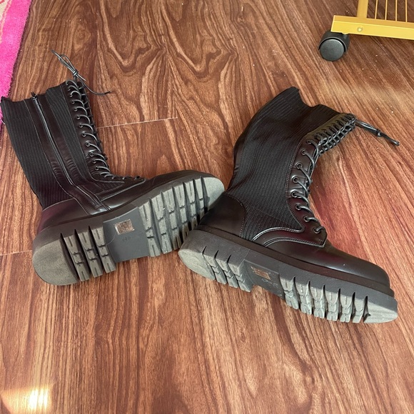 Black Pu Contrast Knitted Lace Up Knee Chunky Boots - Picture 10 of 11